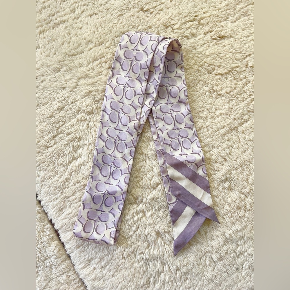 EUC Coach Long 100% Silk Bag Scarf Kerchief Hair Ribbon Tie Light Purple Stripe